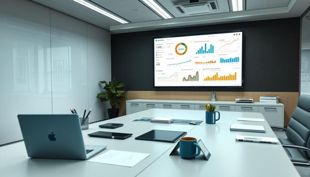 A sleek and modern office workspace with a large desk featuring a laptop, tablet, and various office supplies. In the background, a wall-mounted display shows a data visualization dashboard with charts, graphs, and analytics. Soft, diffused lighting from overhead fixtures creates a warm, productive atmosphere. The camera angle is slightly elevated, capturing the workspace from an executive's perspective. The overall scene conveys the efficient management of workflow and data analysis.