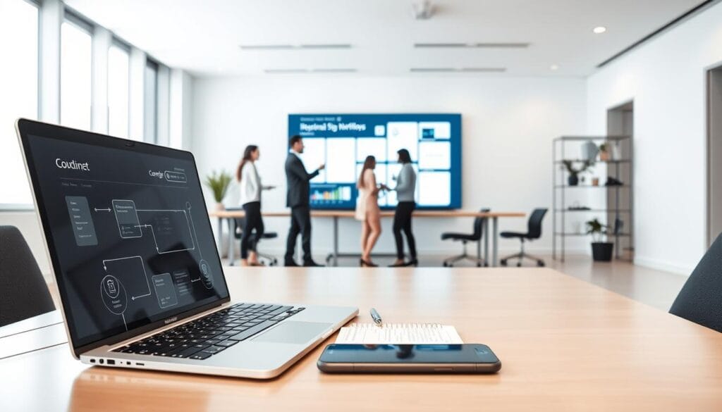 A sleek, modern office environment with an array of interconnected digital devices and processes. In the foreground, a desk with a laptop, tablet, and smartphone, all seamlessly coordinating document workflows. In the middle ground, a team of professionals collaborating around a large interactive display, effortlessly navigating digital signatures and approvals. The background features a minimalist, well-lit space with clean lines and a sense of efficiency. The lighting is soft and diffused, creating a professional, yet approachable atmosphere. The overall scene conveys the ease and streamlining of digital document management, reflecting the automation of administrative tasks. A sleek, modern office environment with an array of interconnected digital devices and processes. In the foreground, a desk with a laptop, tablet, and smartphone, all seamlessly coordinating document workflows. In the middle ground, a team of professionals collaborating around a large interactive display, effortlessly navigating digital signatures and approvals. The background features a minimalist, well-lit space with clean lines and a sense of efficiency. The lighting is soft and diffused, creating a professional, yet approachable atmosphere. The overall scene conveys the ease and streamlining of digital document management, reflecting the automation of administrative tasks.