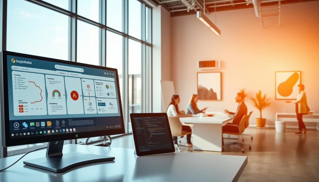 A sleek, modern office interior, bathed in warm, natural light streaming through floor-to-ceiling windows. In the foreground, a desktop computer and tablet display various workflow diagrams and automation processes, their screens reflecting the efficiency and streamlining of business operations. In the middle ground, employees collaborate around a large, minimalist conference table, discussing the implementation of these automated systems. The background features a minimalist, Scandinavian-inspired decor, with potted plants and abstract artwork, conveying a sense of calm productivity and technological advancement.