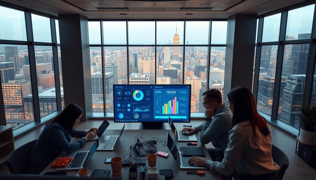 A sleek, modern office interior with an open-concept layout. In the foreground, a group of employees collaboratively working on laptops and digital devices, their expressions focused and engaged. The middle ground features a large, centralized touchscreen display showcasing data visualizations and productivity metrics. In the background, floor-to-ceiling windows offer a panoramic view of a bustling cityscape, bathed in warm, diffused lighting. The overall atmosphere conveys a sense of efficiency, innovation, and the synergistic relationship between technology and human capital within a thriving, digitally-transformed enterprise.