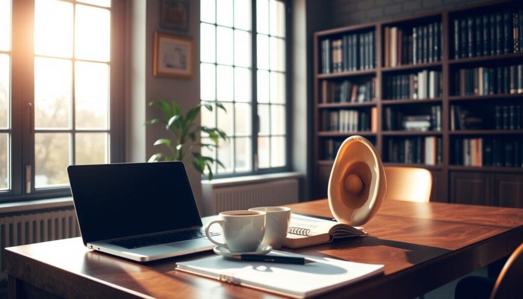 A tranquil office setting, bathed in warm natural light filtering through large windows. On a wooden desk, a laptop, a notebook, and a cup of coffee sit alongside a pair of attentive ears, symbolizing the power of active listening. In the background, a bookshelf filled with business-related tomes, conveying a sense of expertise and knowledge. The overall atmosphere is one of focus, understanding, and the pursuit of successful prospecting, facilitated by the practice of active listening.