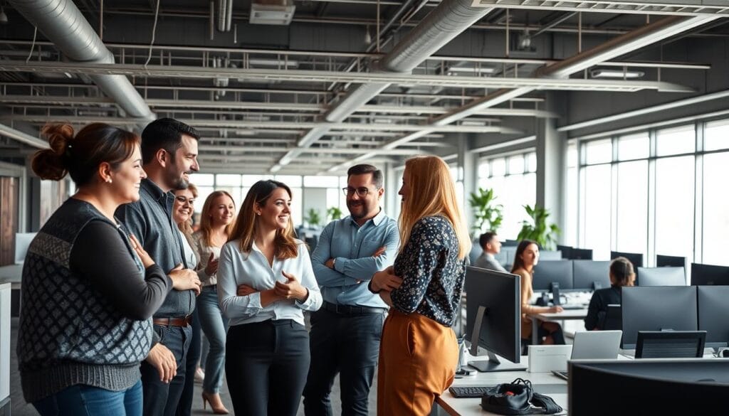 A vibrant, collaborative office setting. In the foreground, a group of diverse professionals engage in a lively discussion, their body language and facial expressions conveying a sense of camaraderie and productive exchange. The middle ground features neatly organized workstations, with cutting-edge technology and sleek, ergonomic furniture creating an efficient, modern atmosphere. In the background, large windows allow natural light to pour in, illuminating the space and fostering a sense of openness and transparency. The overall scene radiates a harmonious balance of productivity, innovation, and strong interpersonal dynamics, reflecting the optimal conditions for enhanced internal collaboration and improved efficiency. A vibrant, collaborative office setting. In the foreground, a group of diverse professionals engage in a lively discussion, their body language and facial expressions conveying a sense of camaraderie and productive exchange. The middle ground features neatly organized workstations, with cutting-edge technology and sleek, ergonomic furniture creating an efficient, modern atmosphere. In the background, large windows allow natural light to pour in, illuminating the space and fostering a sense of openness and transparency. The overall scene radiates a harmonious balance of productivity, innovation, and strong interpersonal dynamics, reflecting the optimal conditions for enhanced internal collaboration and improved efficiency.