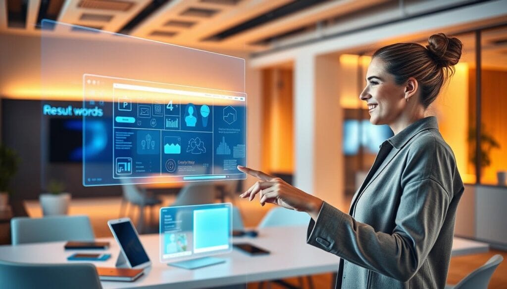 A vibrant digital customer experience set in a modern, minimalist office space. In the foreground, a woman interacts with a sleek, holographic interface, her expression animated as she navigates the seamless digital interactions. The middle ground features an array of integrated smart devices, showcasing the interconnectivity of the digital landscape. The background is bathed in warm, ambient lighting, creating a welcoming and technologically-advanced atmosphere. The overall scene conveys a sense of efficiency, innovation, and a customer-centric approach to digital transformation. A vibrant digital customer experience set in a modern, minimalist office space. In the foreground, a woman interacts with a sleek, holographic interface, her expression animated as she navigates the seamless digital interactions. The middle ground features an array of integrated smart devices, showcasing the interconnectivity of the digital landscape. The background is bathed in warm, ambient lighting, creating a welcoming and technologically-advanced atmosphere. The overall scene conveys a sense of efficiency, innovation, and a customer-centric approach to digital transformation.