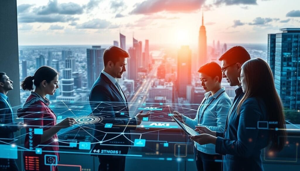 A vibrant digital landscape showcasing the key benefits of digitalization for small and medium-sized enterprises. In the foreground, a team of diverse professionals collaborating seamlessly on interactive digital displays, streamlining workflows and boosting productivity. The middle ground features a network of interconnected devices and data streams, symbolizing improved information access and decision-making. In the background, a cityscape with modern, tech-enabled buildings, representing the integration of digital solutions into the fabric of the business environment. The scene is illuminated by a warm, natural light, creating a sense of progress and opportunity. The overall atmosphere conveys the transformative potential of digitalization, empowering SMEs to thrive in the digital age.