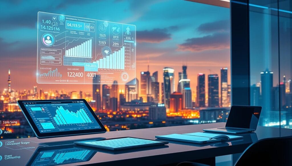 Poste de travail comptable modernisé avec tableaux de bord numériques et analyse de données en temps réel