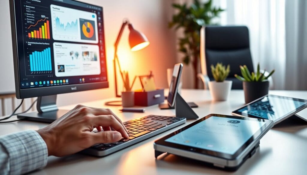 Espace de travail digital avec ordinateur, smartphone et tablette pour la gestion de contenus marketing