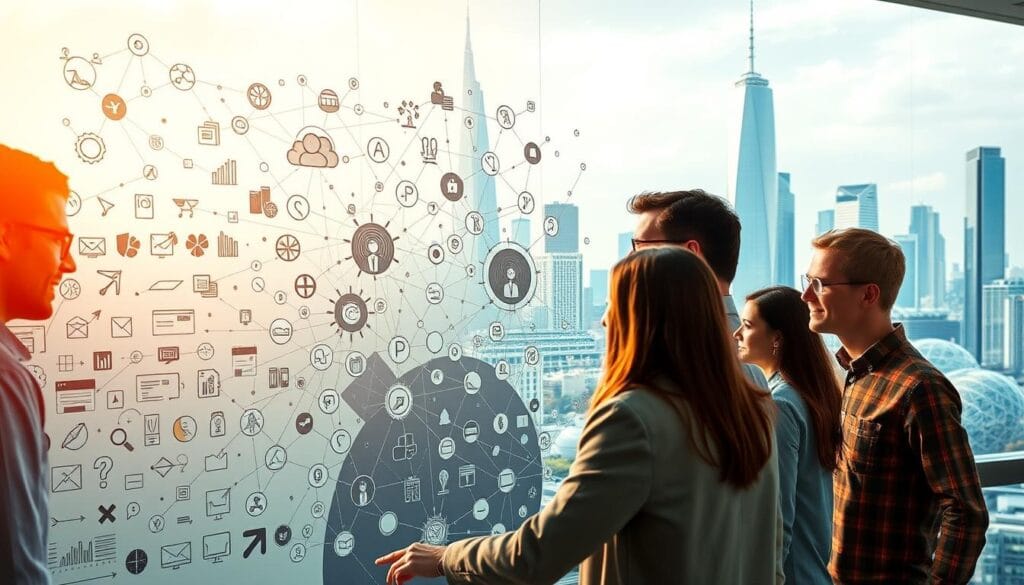 A vibrant, dynamic scene depicting the strategies of agile transformation. In the foreground, a group of diverse professionals collaborating on a digital whiteboard, their expressions focused and determined. The middle ground features a sprawling network of interconnected icons, symbols, and data visualizations, representing the complex, iterative nature of the agile process. In the background, a sleek, futuristic cityscape with towering skyscrapers and gleaming infrastructure, symbolizing the technological advancements driving the digital transformation. Soft, diffused lighting casts a warm, optimistic glow over the entire scene, conveying a sense of progress and innovation. The overall composition emphasizes the harmony between human ingenuity and technological advancement, the key to successful agile transformation. A vibrant, dynamic scene depicting the strategies of agile transformation. In the foreground, a group of diverse professionals collaborating on a digital whiteboard, their expressions focused and determined. The middle ground features a sprawling network of interconnected icons, symbols, and data visualizations, representing the complex, iterative nature of the agile process. In the background, a sleek, futuristic cityscape with towering skyscrapers and gleaming infrastructure, symbolizing the technological advancements driving the digital transformation. Soft, diffused lighting casts a warm, optimistic glow over the entire scene, conveying a sense of progress and innovation. The overall composition emphasizes the harmony between human ingenuity and technological advancement, the key to successful agile transformation.