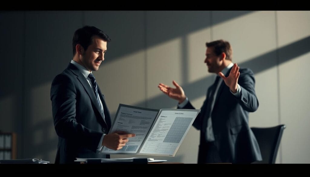 A visually striking illustration of the distinction between a lead and a prospect, captured in a sharp, cinematic style. In the foreground, a well-dressed professional stands at a desk, intently examining a detailed customer profile - this represents the lead, a potential buyer with specific information. In the middle ground, another professional gestures expressively, engaged in a lively conversation - this depicts the prospect, a lead who has been nurtured and is now actively interested in the offering. The background is softly blurred, conveying a sense of focus and emphasis on the key elements. Dramatic lighting casts long shadows, creating a sense of depth and drama, while a muted color palette suggests a refined, professional atmosphere. Overall, the image aims to visually communicate the progression from a lead to a prospect, a key concept in the "Comprendre le lead nurturing" section. A visually striking illustration of the distinction between a lead and a prospect, captured in a sharp, cinematic style. In the foreground, a well-dressed professional stands at a desk, intently examining a detailed customer profile - this represents the lead, a potential buyer with specific information. In the middle ground, another professional gestures expressively, engaged in a lively conversation - this depicts the prospect, a lead who has been nurtured and is now actively interested in the offering. The background is softly blurred, conveying a sense of focus and emphasis on the key elements. Dramatic lighting casts long shadows, creating a sense of depth and drama, while a muted color palette suggests a refined, professional atmosphere. Overall, the image aims to visually communicate the progression from a lead to a prospect, a key concept in the "Comprendre le lead nurturing" section.