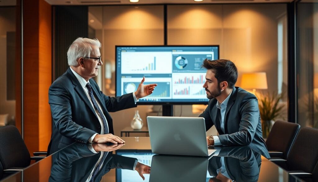 A warm, professional office setting with a senior business consultant guiding a younger entrepreneur through a digital transformation process. The consultant, in a smart suit, gestures towards a large monitor displaying charts and graphs, while the entrepreneur listens intently, laptop open on the sleek, glass-topped desk between them. Soft, directional lighting illuminates the scene, creating a sense of collaboration and guidance. The background features a blurred cityscape, hinting at the scale and significance of the digital transition. The overall atmosphere conveys trust, expertise, and a human-centric approach to technological change.