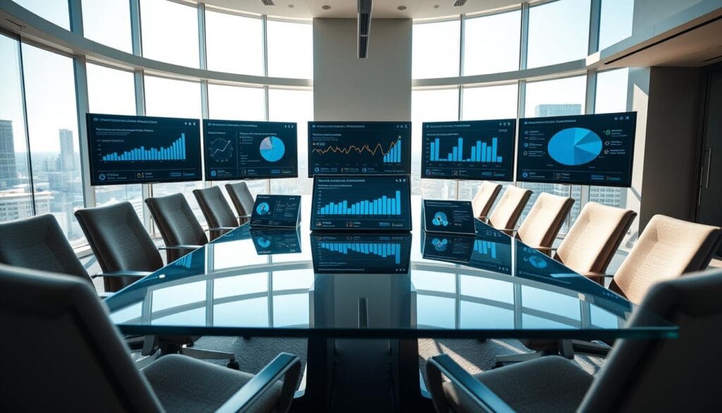 A well-lit business conference room with a large glass table and comfortable chairs. On the table, various visual analytics displays and performance metrics dashboards, showcasing real-time collaboration KPIs. The room has a modern, minimalist design with clean lines and plenty of natural light filtering in through the panoramic windows, creating a bright and airy atmosphere. The overall mood is one of productivity, transparency, and a data-driven approach to optimizing teamwork. The camera angle captures the scene from a slight bird's eye view, emphasizing the collaborative nature of the space.