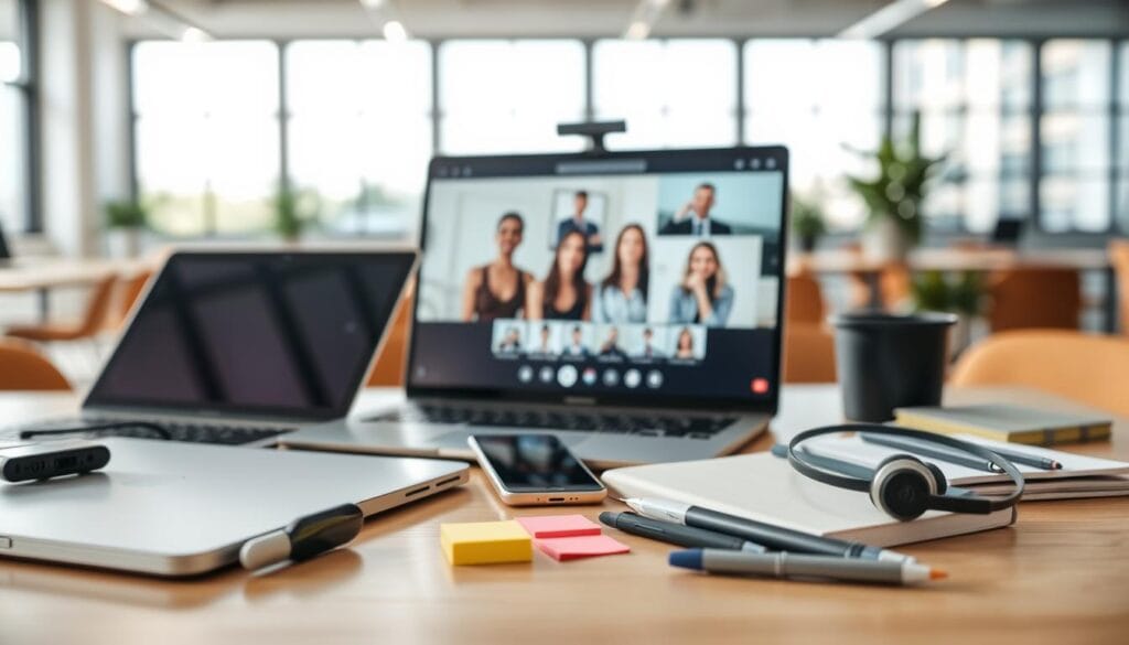A well-lit, high-resolution image of an assortment of modern digital collaboration tools, including a laptop, tablet, smartphone, wireless headphones, and a virtual meeting screen. The foreground showcases the devices in a clean, minimalist arrangement, with a soft focus on the screen displaying collaborative software or a video call. The middle ground features office supplies like sticky notes, pens, and a notebook, hinting at a hybrid digital-physical work environment. The background has a blurred, out-of-focus view of a bright, airy office space with large windows, suggesting a comfortable and productive setting for remote or hybrid teamwork.