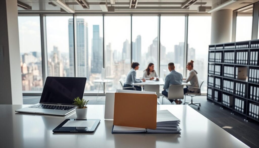 An airy, well-lit office interior with large windows overlooking a bustling city skyline. In the foreground, a sleek and modern workspace, with a laptop, papers, and a tablet arranged neatly on a minimalist desk. On the desk, a small potted plant and a stylized document folder, symbolizing the integration of digital and physical document management. In the middle ground, a team of professionals collaborating around a conference table, deep in discussion about their company's strategic document management initiatives. The background features shelves filled with organized binders and files, suggesting a comprehensive archiving system. The overall atmosphere conveys a sense of productivity, efficiency, and a progressive, technology-forward approach to enterprise document strategy. An airy, well-lit office interior with large windows overlooking a bustling city skyline. In the foreground, a sleek and modern workspace, with a laptop, papers, and a tablet arranged neatly on a minimalist desk. On the desk, a small potted plant and a stylized document folder, symbolizing the integration of digital and physical document management. In the middle ground, a team of professionals collaborating around a conference table, deep in discussion about their company's strategic document management initiatives. The background features shelves filled with organized binders and files, suggesting a comprehensive archiving system. The overall atmosphere conveys a sense of productivity, efficiency, and a progressive, technology-forward approach to enterprise document strategy.