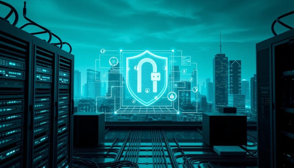 Cybersecurity and enterprise data protection, a digital fortress against threats. In the foreground, a secure network hub with servers, firewalls, and encrypted connections. In the middle, a holographic interface displaying threat analytics and security protocols. In the background, a cityscape silhouette with towering skyscrapers, representing the corporate landscape. Illuminated by a cool, teal-tinged lighting, evoking a sense of technological sophistication and vigilance. The scene conveys the importance of robust cybersecurity measures in safeguarding sensitive data and critical infrastructure against modern digital attacks.