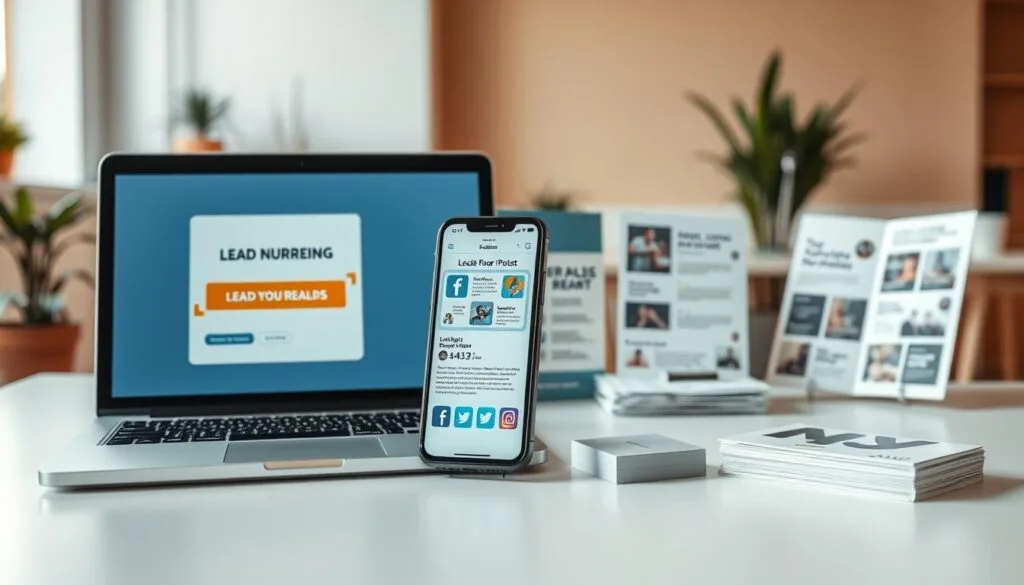 Prompt A modern and visually engaging scene showcasing various examples of lead nurturing campaigns. In the foreground, a laptop displays a well-designed email template with a compelling call-to-action. Beside it, a smartphone screen shows a series of automated social media posts aimed at engaging potential leads. In the middle ground, a printed brochure and a stack of business cards represent tangible offline touchpoints. The background features a minimalist office setting with clean lines, potted plants, and warm, natural lighting, creating a professional and inviting atmosphere. The overall composition emphasizes the cohesive, multichannel approach to nurturing leads and converting them into loyal customers. Prompt A modern and visually engaging scene showcasing various examples of lead nurturing campaigns. In the foreground, a laptop displays a well-designed email template with a compelling call-to-action. Beside it, a smartphone screen shows a series of automated social media posts aimed at engaging potential leads. In the middle ground, a printed brochure and a stack of business cards represent tangible offline touchpoints. The background features a minimalist office setting with clean lines, potted plants, and warm, natural lighting, creating a professional and inviting atmosphere. The overall composition emphasizes the cohesive, multichannel approach to nurturing leads and converting them into loyal customers.