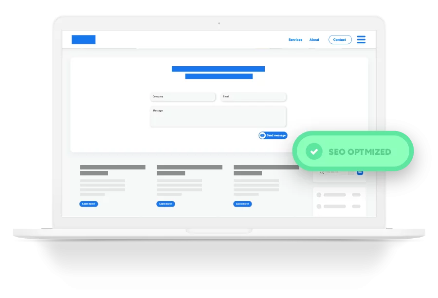 Écran d'ordinateur affichant un site web optimisé avec formulaire de contact, trois articles et un badge vert indiquant SEO Optimized, représentant une discipline stratégique numérique.