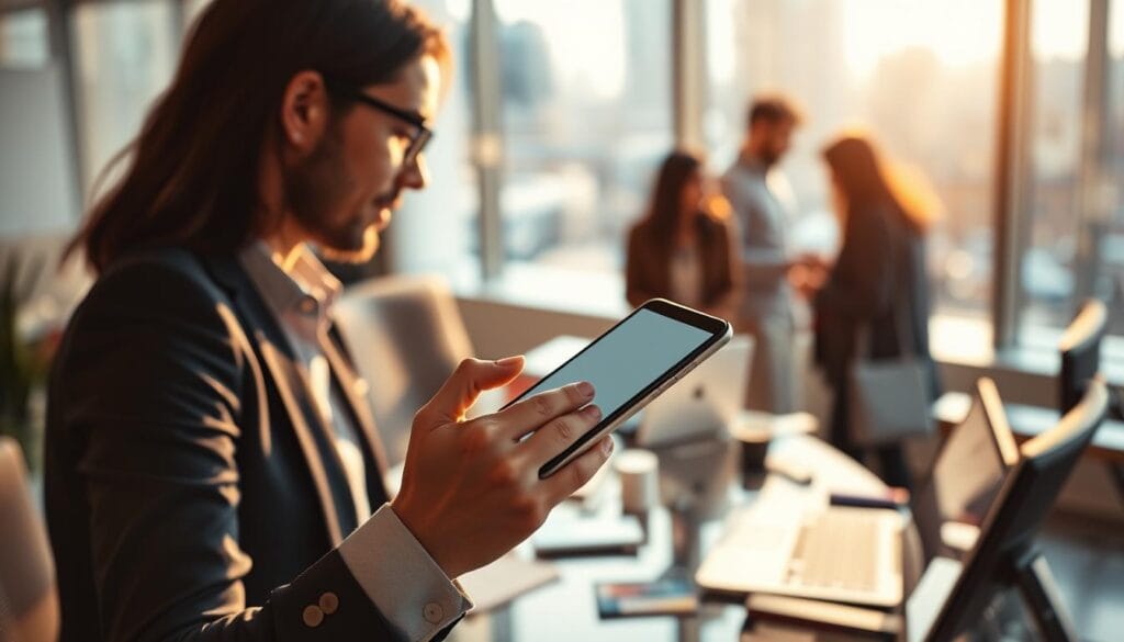 A bustling office scene, with a mobile phone in the foreground held by a professional salesperson, showcasing the concept of "prospection téléphonique mobile". The salesperson is surrounded by a modern, minimalist workspace, complete with a laptop, desk, and ergonomic chair, all bathed in warm, directional lighting that casts subtle shadows. In the middle ground, colleagues can be seen collaborating, highlighting the collaborative nature of mobile prospecting. The background features a blurred cityscape, hinting at the on-the-go nature of this type of sales activity. The overall mood is one of efficiency, productivity, and the importance of technological integration in modern business.