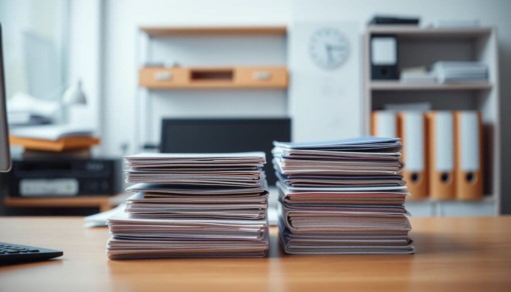 A clean, well-organized office workspace with a desktop computer and various files and documents neatly arranged. In the foreground, two stacks of files are placed side-by-side, representing the "Comparaison entre l'achat de fichiers et la prospection active". The files are illuminated by soft, diffused lighting, creating a professional and analytical atmosphere. The background features blurred, out-of-focus shelves and storage units, subtly suggesting the broader context of the database and prospect management. The overall scene conveys a sense of careful analysis and decision-making regarding the most effective approach to expanding the prospect portfolio.
