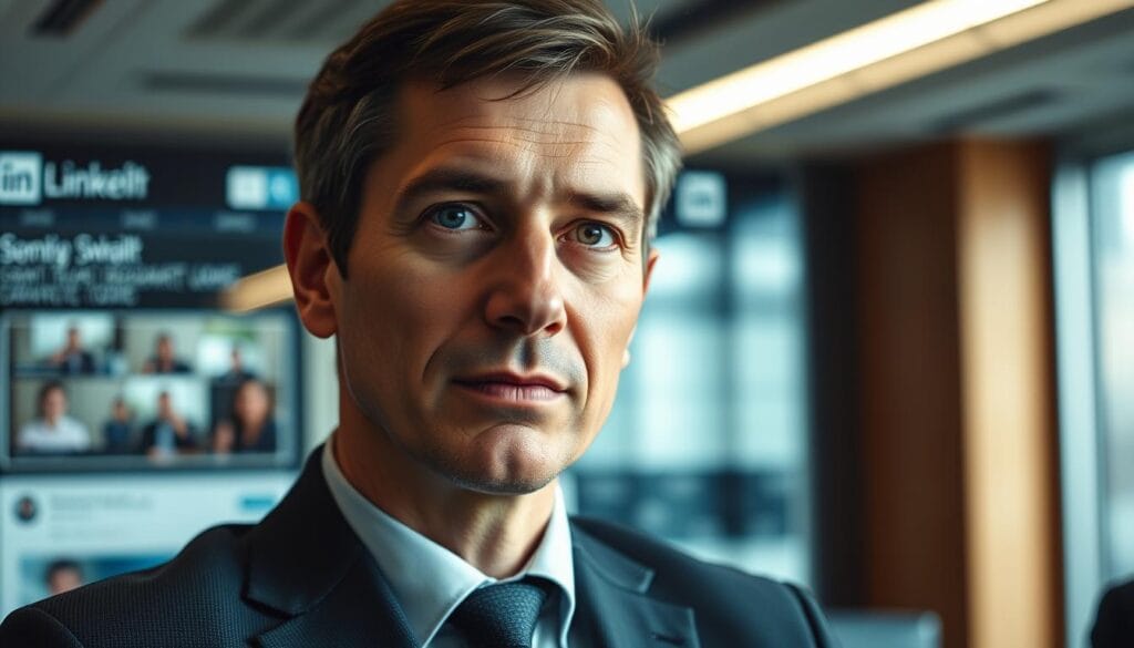 A corporate office setting with a professional headshot portrait of a businessman against a blurred background of a LinkedIn interface. Soft, directional lighting illuminates the subject's face, creating a mood of thoughtful contemplation. The image should convey a sense of strategic planning and targeted outreach, reflecting the article's focus on effective LinkedIn prospecting techniques.