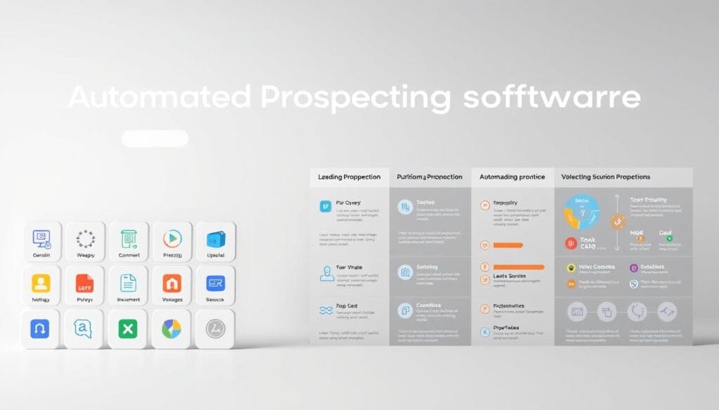 A detailed comparison of the leading automated prospecting software, showcased against a sleek, minimalist backdrop. The foreground features a grid of software icons, each representing a top contender in the field, with clean, geometric shapes and subtle gradients that convey their advanced capabilities. The middle ground depicts a series of infographic-style visuals, highlighting the key features and functionalities of these tools in a clear, visually striking manner. The background is a serene, muted palette that allows the comparative information to take center stage, creating an atmosphere of professional efficiency and technological prowess. Soft, directional lighting accentuates the precision and clarity of the presentation, inviting the viewer to explore and evaluate these powerful prospecting solutions.