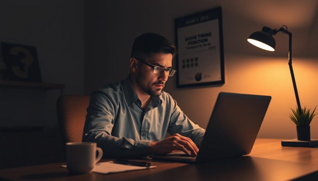 A dimly lit office scene with a businessman sitting at a desk, intently focused on a laptop screen. Warm, soft lighting from a desk lamp illuminates his face, casting shadows that accentuate his concentration. The desktop is meticulously organized, with a notepad, a pen, and a cup of coffee nearby, hinting at the methodical nature of his "suivi timing prospection" work. In the background, a wall-mounted calendar and a framed motivational poster suggest the passage of time and the importance of strategic planning. The overall atmosphere conveys a sense of quiet determination and the careful timing of sales outreach.