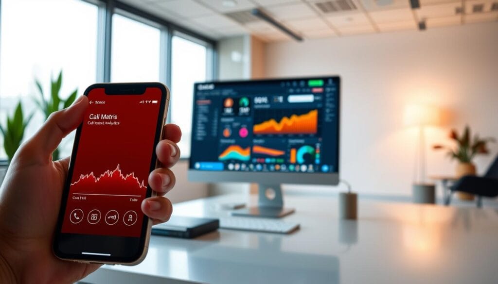 A dynamic call tracking system in a sleek, modern office setting. In the foreground, a smartphone displays call metrics and analytics, its screen illuminated by warm, directional lighting. In the middle ground, a computer monitor showcases a call tracking dashboard, its intuitive interface and vibrant visualizations. The background features minimalist decor, clean lines, and large windows that let in natural daylight, creating an atmosphere of productivity and efficiency. The overall scene conveys the seamless integration of call tracking technology into a professional, tech-savvy work environment.
