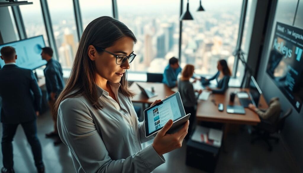A dynamic office scene showcasing the integration of artificial intelligence in commercial prospecting. In the foreground, a sales representative reviews AI-generated lead recommendations on a sleek tablet device, their expression one of focused analysis. The middle ground reveals a collaborative workspace, with colleagues engaged in animated discussions, digital dashboards and charts projected on the walls. The background depicts a cityscape through large windows, hinting at the far-reaching impact of this AI-powered transformation. Soft, directional lighting casts a professional, almost futuristic ambiance, while the camera angle suggests an elevated, bird's-eye perspective - capturing the synergy between human expertise and intelligent automation. A dynamic office scene showcasing the integration of artificial intelligence in commercial prospecting. In the foreground, a sales representative reviews AI-generated lead recommendations on a sleek tablet device, their expression one of focused analysis. The middle ground reveals a collaborative workspace, with colleagues engaged in animated discussions, digital dashboards and charts projected on the walls. The background depicts a cityscape through large windows, hinting at the far-reaching impact of this AI-powered transformation. Soft, directional lighting casts a professional, almost futuristic ambiance, while the camera angle suggests an elevated, bird's-eye perspective - capturing the synergy between human expertise and intelligent automation.