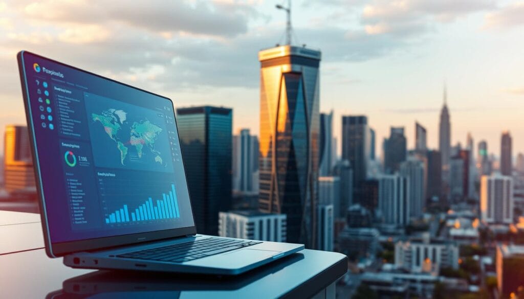 A dynamic software solutions landscape with a focus on prospecting advantages. In the foreground, a sleek, futuristic interface showcases intuitive prospecting tools. The middle ground features vibrant data visualizations and analytics, highlighting the insights gained. In the background, a cityscape of skyscrapers represents the professional environment where these solutions thrive, bathed in a warm, golden light that conveys a sense of progress and opportunity. The composition emphasizes the seamless integration of software capabilities with the demands of modern prospecting, creating an air of efficiency and innovation.
