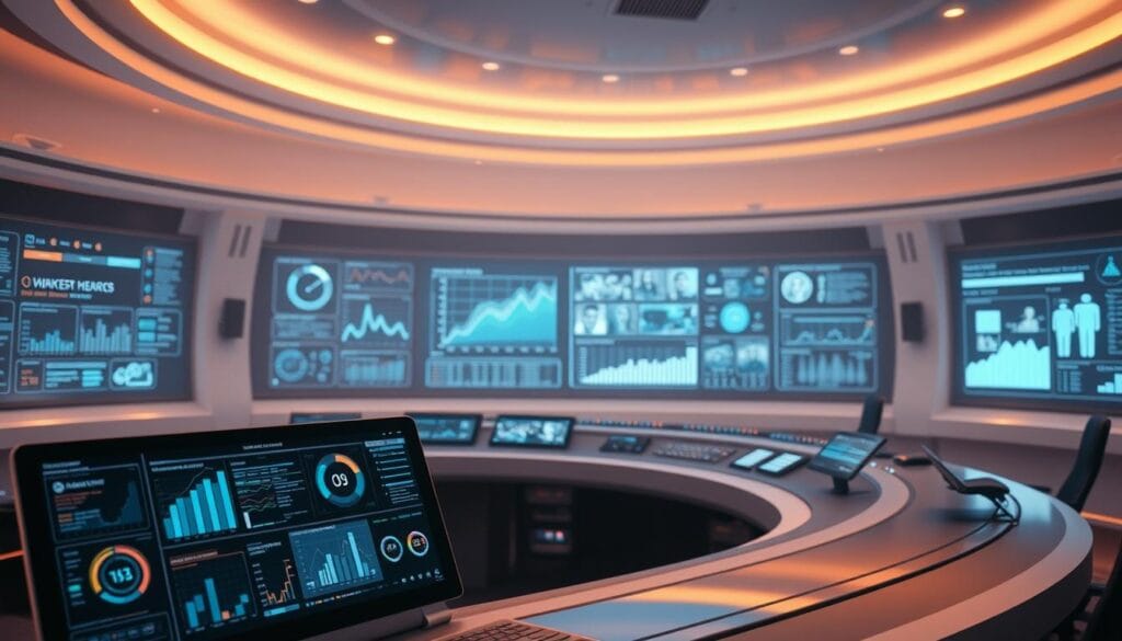 A futuristic control room with a curved, illuminated dashboard. The foreground features a sleek, high-tech computer interface with various visualization tools, analytics graphs, and interactive controls. In the middle ground, large, holographic displays showcase intricate data visualizations, trend lines, and customer profiles. The background is shrouded in a soft, ambient glow, with subtle lighting effects and hints of advanced, cutting-edge technology. The overall atmosphere conveys a sense of innovation, efficiency, and the seamless integration of data-driven insights to drive business growth.