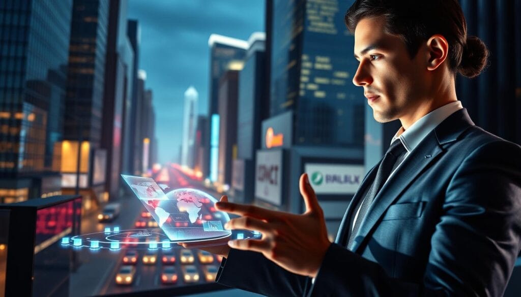 A futuristic scene depicting the evolution of telemarketing tools in a connected world. In the foreground, a sleek, holographic touchscreen display showcases intuitive mobile sales software, its interface pulsing with data visualizations. In the middle ground, a professional salesperson, clad in a crisp business suit, navigates the digital interface with confident gestures, their face illuminated by the warm glow of the screen. In the background, a cityscape of gleaming skyscrapers and bustling streets conveys the fast-paced, technology-driven nature of modern business. The lighting is sharp and directional, casting dramatic shadows that accentuate the high-tech aesthetic. The overall atmosphere is one of innovation, efficiency, and the seamless integration of mobile tools into the prospecting workflow.