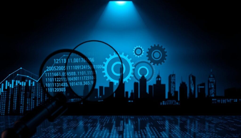 A high-contrast, data-driven visualization depicting the optimization of prospection strategy. In the foreground, a magnifying glass examines a stream of numerical data, representing the analysis of sales leads and customer insights. In the middle ground, gears and cogs symbolize the machinery of strategic refinement, integrating these insights to streamline the prospection process. The background features a cityscape silhouette, suggesting the broader commercial landscape in which these optimizations are enacted. The scene is bathed in a cool, digital color palette, conveying a sense of analytical precision and technological prowess. Dramatic lighting from above casts dramatic shadows, heightening the sense of focus and intentionality. A high-contrast, data-driven visualization depicting the optimization of prospection strategy. In the foreground, a magnifying glass examines a stream of numerical data, representing the analysis of sales leads and customer insights. In the middle ground, gears and cogs symbolize the machinery of strategic refinement, integrating these insights to streamline the prospection process. The background features a cityscape silhouette, suggesting the broader commercial landscape in which these optimizations are enacted. The scene is bathed in a cool, digital color palette, conveying a sense of analytical precision and technological prowess. Dramatic lighting from above casts dramatic shadows, heightening the sense of focus and intentionality.
