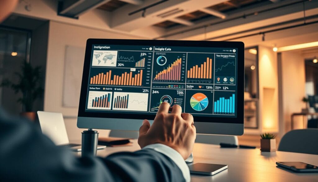A high-quality data-driven prospecting scene with a professional-looking business person analyzing insightful graphs and statistics on a sleek computer display. The foreground features the person's hands manipulating data visualizations, while the middle ground showcases a clutter-free desk setup with a modern minimalist aesthetic. The background depicts a softly lit office environment with clean, angular architecture and muted tones conveying an atmosphere of focus, efficiency, and data-driven decision making. Lighting is warm and balanced, creating depth and highlighting the key elements. The overall tone is professional, polished, and emblematic of data-centric B2B prospecting. A high-quality data-driven prospecting scene with a professional-looking business person analyzing insightful graphs and statistics on a sleek computer display. The foreground features the person's hands manipulating data visualizations, while the middle ground showcases a clutter-free desk setup with a modern minimalist aesthetic. The background depicts a softly lit office environment with clean, angular architecture and muted tones conveying an atmosphere of focus, efficiency, and data-driven decision making. Lighting is warm and balanced, creating depth and highlighting the key elements. The overall tone is professional, polished, and emblematic of data-centric B2B prospecting.