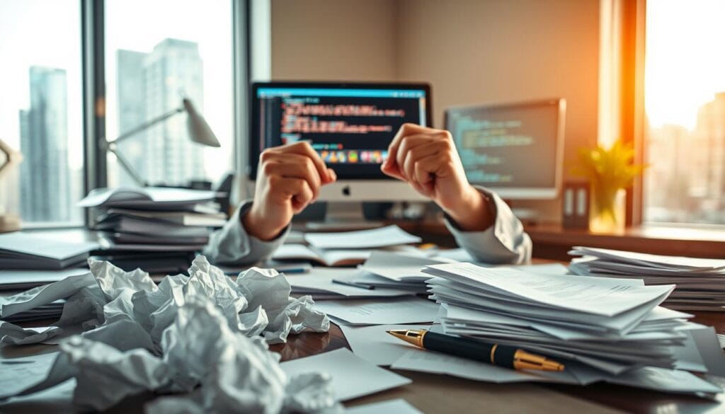 A meticulously crafted office scene, bathed in warm, natural lighting. In the foreground, a desk cluttered with crumpled papers, a broken pen, and a frustrated business person's hands gripping their head. In the middle ground, an overflowing inbox and a computer screen displaying error messages. In the background, a window overlooking a bustling city, hinting at the distractions and pressures of the outside world. The overall atmosphere conveys the challenges and common pitfalls encountered when crafting effective sales prospecting scripts, with a sense of disorganization and mounting frustration.
