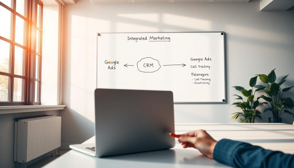 A modern, minimalist office interior with a large whiteboard on the wall displaying a diagram connecting Google Ads, a CRM system, and a call tracking platform. The scene is bathed in warm, natural lighting from a nearby window, creating a productive and collaborative atmosphere. In the foreground, a sleek laptop and a professional's hand making notes on the whiteboard, highlighting the integration between these digital tools. The background showcases a clean, clutter-free workspace with subtle accents of greenery, reinforcing the efficiency and organization of this integrated marketing setup. A modern, minimalist office interior with a large whiteboard on the wall displaying a diagram connecting Google Ads, a CRM system, and a call tracking platform. The scene is bathed in warm, natural lighting from a nearby window, creating a productive and collaborative atmosphere. In the foreground, a sleek laptop and a professional's hand making notes on the whiteboard, highlighting the integration between these digital tools. The background showcases a clean, clutter-free workspace with subtle accents of greenery, reinforcing the efficiency and organization of this integrated marketing setup.