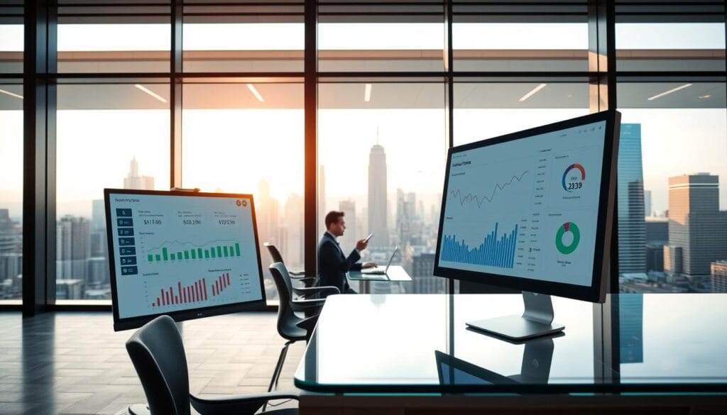 A modern office interior with a sleek, minimalist design. In the foreground, a desktop computer monitor displays a call tracking analytics dashboard, showcasing detailed metrics and insights. In the middle ground, a businessperson in formal attire sits at a glass-topped desk, intently studying the data. The background features floor-to-ceiling windows overlooking a bustling city skyline, bathed in warm, natural lighting. The overall atmosphere conveys a sense of productivity, professionalism, and the importance of data-driven decision making in the context of call tracking and lead generation. A modern office interior with a sleek, minimalist design. In the foreground, a desktop computer monitor displays a call tracking analytics dashboard, showcasing detailed metrics and insights. In the middle ground, a businessperson in formal attire sits at a glass-topped desk, intently studying the data. The background features floor-to-ceiling windows overlooking a bustling city skyline, bathed in warm, natural lighting. The overall atmosphere conveys a sense of productivity, professionalism, and the importance of data-driven decision making in the context of call tracking and lead generation.