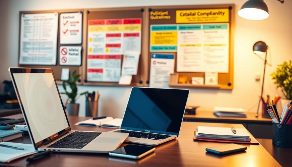 A neatly organized office desk with a laptop, a smartphone, and various office supplies. In the background, a bulletin board with color-coded checklists, schedules, and compliance guidelines. Warm lighting casts a soft glow, creating a professional and productive atmosphere. The scene conveys a sense of efficiency, attention to detail, and a commitment to email deliverability and regulatory compliance.
