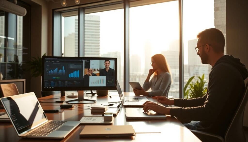 A panoramic view of a modern office workspace, showcasing various business prospecting solutions. In the foreground, sleek digital devices and analytics dashboards display insightful data. In the middle ground, professionals collaborate using virtual meeting software and CRM platforms. The background reveals a cityscape through large windows, bathed in warm, natural lighting. The scene conveys a sense of productivity, efficiency, and the synergy of cutting-edge prospecting tools empowering enterprises to thrive. A panoramic view of a modern office workspace, showcasing various business prospecting solutions. In the foreground, sleek digital devices and analytics dashboards display insightful data. In the middle ground, professionals collaborate using virtual meeting software and CRM platforms. The background reveals a cityscape through large windows, bathed in warm, natural lighting. The scene conveys a sense of productivity, efficiency, and the synergy of cutting-edge prospecting tools empowering enterprises to thrive.