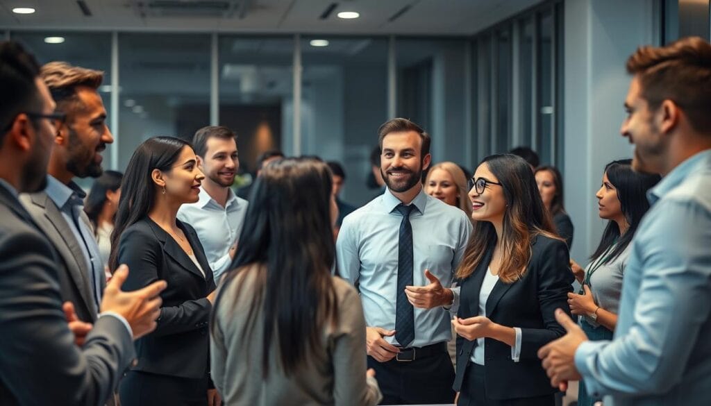 A professional business networking scene featuring a diverse group of individuals engaged in meaningful conversations, handshakes, and exchanging ideas. The foreground depicts a mix of men and women in business attire, gathered around a conference table or in an office setting, their expressions animated and focused. The middle ground shows people mingling and networking, making connections, and exchanging contact information. The background showcases a sleek, modern office environment with large windows, subtle lighting, and minimalist decor, creating a sense of professionalism and productivity. The overall atmosphere conveys a dynamic, collaborative, and opportunistic vibe, reflecting the power of professional networks and group interactions.