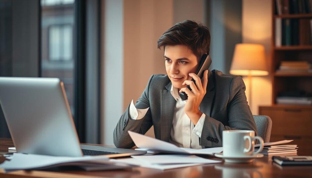 A professional business person sitting at a desk, intently making a phone call, with a focused, determined expression. The desk is cluttered with papers, a laptop, and a cup of coffee, conveying the sense of an active work environment. Soft, warm lighting illuminates the scene, creating a cozy, productive atmosphere. The background is slightly blurred, hinting at an office setting. The overall composition highlights the act of telephone prospecting as a key business activity. A professional business person sitting at a desk, intently making a phone call, with a focused, determined expression. The desk is cluttered with papers, a laptop, and a cup of coffee, conveying the sense of an active work environment. Soft, warm lighting illuminates the scene, creating a cozy, productive atmosphere. The background is slightly blurred, hinting at an office setting. The overall composition highlights the act of telephone prospecting as a key business activity.