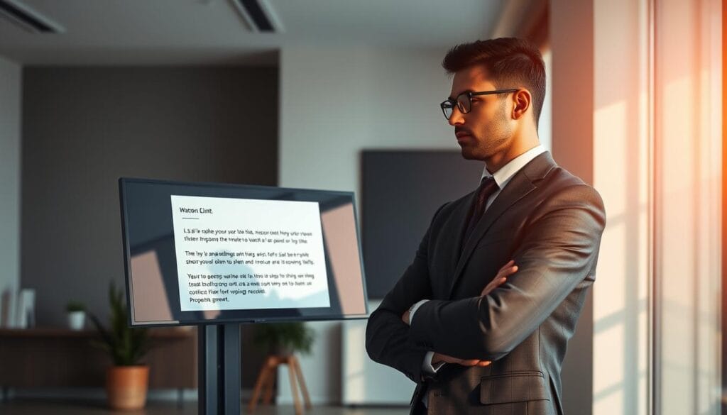 A professional business person stands in a sleek, modern office setting, contemplating a personalized message on a large, high-resolution display. Warm, directional lighting illuminates the scene, casting subtle shadows that add depth and dimension. The person's expression conveys a thoughtful, focused demeanor as they carefully craft a tailored outreach to a prospective client. The background features minimalist decor and clean lines, creating a visually appealing, uncluttered environment that allows the personalization process to take center stage.