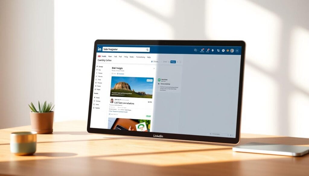 A professional-looking screenshot of the LinkedIn Sales Navigator browser extension, presented in a clean, minimalist style. The extension window is displayed prominently in the center, surrounded by a soft, blurred background that evokes a workspace environment. The extension interface shows key features like search, lead recommendations, and sales insights, conveying its utility for B2B prospecting. Warm, natural lighting casts gentle shadows, creating depth and a sense of realism. The composition is well-balanced, with the extension UI occupying the majority of the frame, allowing the viewer to clearly understand the tool's functionality. A professional-looking screenshot of the LinkedIn Sales Navigator browser extension, presented in a clean, minimalist style. The extension window is displayed prominently in the center, surrounded by a soft, blurred background that evokes a workspace environment. The extension interface shows key features like search, lead recommendations, and sales insights, conveying its utility for B2B prospecting. Warm, natural lighting casts gentle shadows, creating depth and a sense of realism. The composition is well-balanced, with the extension UI occupying the majority of the frame, allowing the viewer to clearly understand the tool's functionality.
