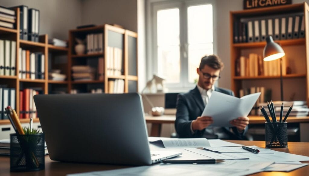 A professional yet dynamic financial office scene with a focus on client management and financial planning. In the foreground, a desk with a laptop, financial documents, and a pen holder. In the middle ground, a person sitting at the desk, deep in thought, reviewing financial records. The background features shelves lined with books and binders, creating a sense of expertise and authority. Warm lighting from a window casts a soft glow, conveying a productive and thoughtful atmosphere. The composition emphasizes the importance of client relations and financial management, reflecting the subject matter of the article section. A professional yet dynamic financial office scene with a focus on client management and financial planning. In the foreground, a desk with a laptop, financial documents, and a pen holder. In the middle ground, a person sitting at the desk, deep in thought, reviewing financial records. The background features shelves lined with books and binders, creating a sense of expertise and authority. Warm lighting from a window casts a soft glow, conveying a productive and thoughtful atmosphere. The composition emphasizes the importance of client relations and financial management, reflecting the subject matter of the article section.