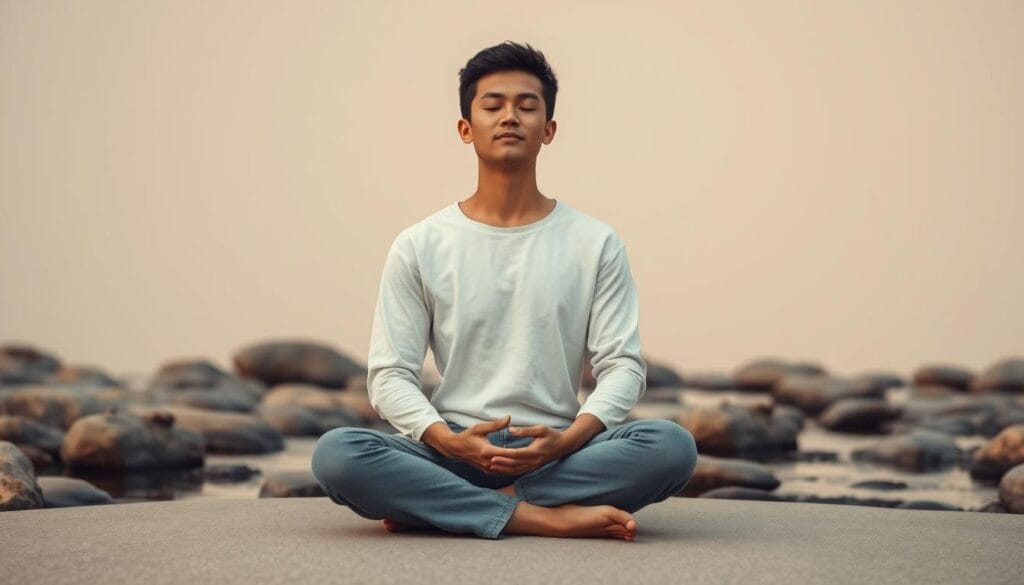 A serene, contemplative scene of a person embodying emotional intelligence and authenticity. In the foreground, a person sits cross-legged, eyes closed, radiating a sense of inner calm and presence. Their expression is peaceful, conveying a balance of mind and heart. The middle ground features a minimalist, zen-inspired landscape with smooth rocks and a gently flowing stream. The background is a soft, muted palette of earthy tones, creating a tranquil and introspective atmosphere. The lighting is soft and diffused, emphasizing the subject's introspective state. The overall composition evokes a sense of congruence between the individual's emotional awareness and their outward expression.