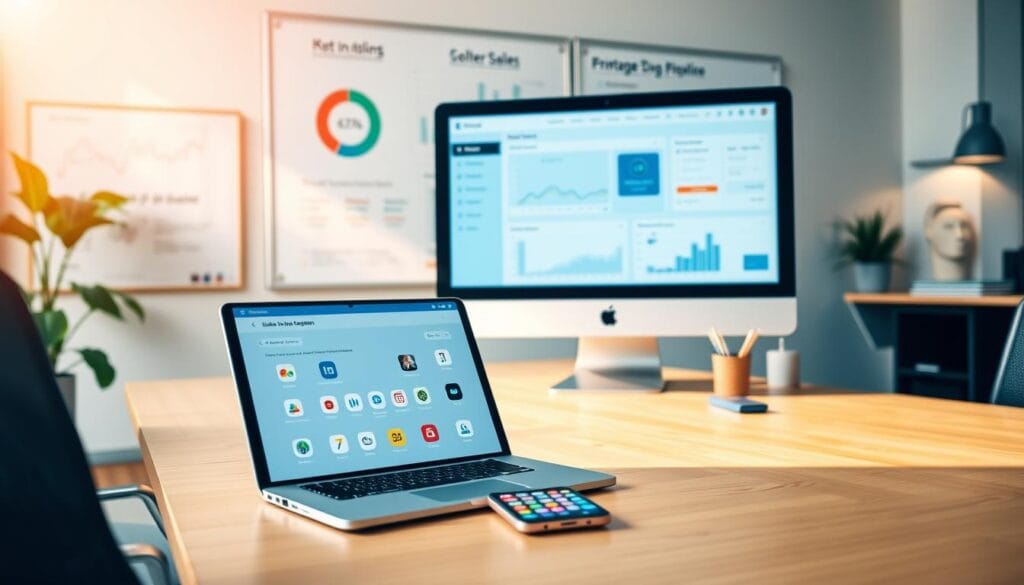 A sleek and modern office setting, with a large computer monitor displaying a CRM dashboard on the desk. In the foreground, an open laptop and a smartphone with various sales and marketing apps, symbolizing the integration of automated tools. The background features a whiteboard with sales data and metrics, conveying the synergy between CRM and automation. Warm, natural lighting floods the scene, creating a productive and efficient atmosphere. The composition emphasizes the harmony between technology and human workflows, reflecting the section's focus on optimizing the prospecting process.