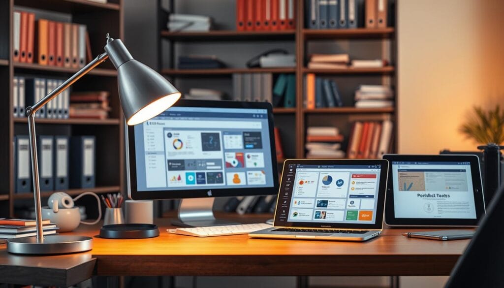 A sleek and modern workspace with a desk, computer, and various office supplies. In the foreground, an elegant desk lamp casts a warm, focused light on the desk surface. In the middle ground, a laptop and a tablet display various productivity apps and software interfaces, symbolizing automated workflow tools. The background features shelves filled with books and files, hinting at the organizational and administrative aspects of the automated follow-up process. The overall scene conveys a sense of efficiency, productivity, and seamless integration of technology in the professional environment. A sleek and modern workspace with a desk, computer, and various office supplies. In the foreground, an elegant desk lamp casts a warm, focused light on the desk surface. In the middle ground, a laptop and a tablet display various productivity apps and software interfaces, symbolizing automated workflow tools. The background features shelves filled with books and files, hinting at the organizational and administrative aspects of the automated follow-up process. The overall scene conveys a sense of efficiency, productivity, and seamless integration of technology in the professional environment.