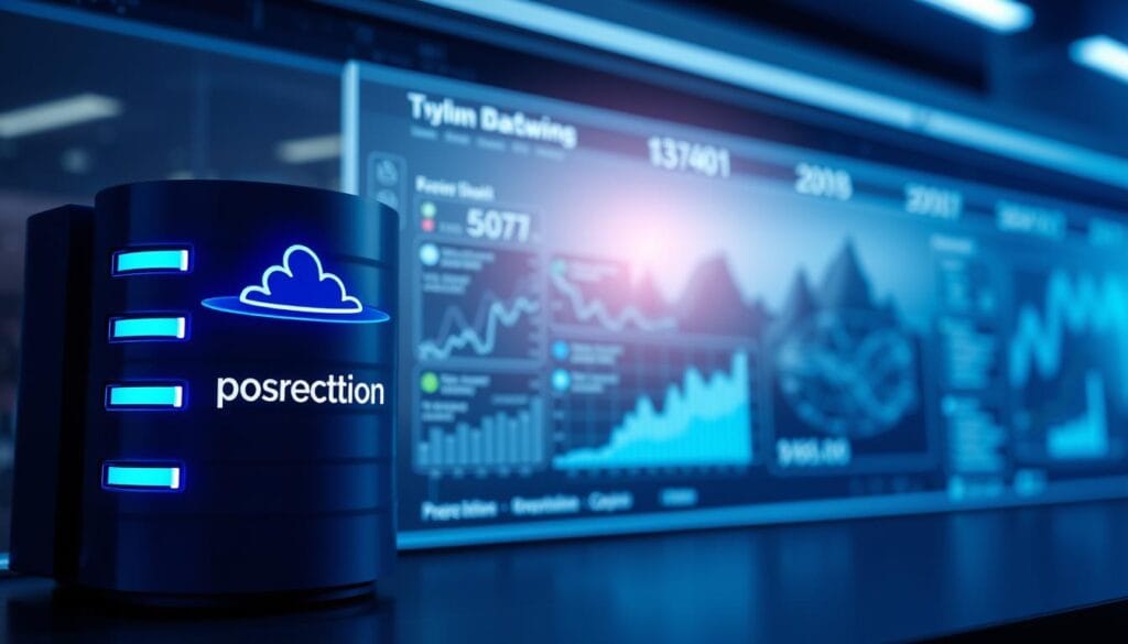 A sleek, modern database interface with clean lines and minimalist design. In the foreground, a stylized database icon representing the "prospection" data, with glowing blue accents and a sense of dynamism. In the middle ground, a series of dynamic data visualizations and charts, showcasing insightful analytics. The background is a softly blurred technological landscape, hinting at the broader business intelligence ecosystem. The lighting is cool and professional, with subtle shadows and highlights emphasizing the precision and power of the database system. The overall mood is one of efficiency, innovation, and the ability to turn raw data into valuable business opportunities.