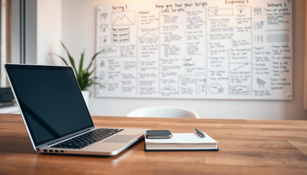 A sleek, modern office setting with a laptop, smartphone, and a notepad on a minimalist wooden desk. The lighting is soft and warm, creating a cozy, professional atmosphere. In the background, blurred out but visible, is a whiteboard or wall covered in handwritten notes, scripts, and diagrams, reflecting the personalization and adaptation of call scripts. The overall scene conveys a sense of thoughtful preparation and attention to detail in the process of creating effective prospecting scripts.