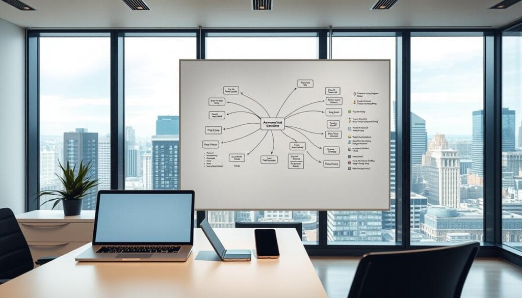 A sleek, modern office setting with a minimalist design. In the foreground, a desk with a laptop, a tablet, and a smartphone, all seamlessly connected and working in harmony. The middle ground features a whiteboard with a mind map of interconnected tasks and automation workflows. In the background, a large window overlooking a bustling city skyline, bathed in warm, natural lighting. The overall atmosphere conveys a sense of efficiency, productivity, and a strategic approach to relaunching campaigns through intelligent automation.