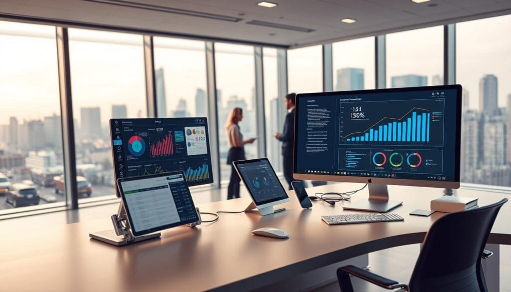 A sleek, modern office space with a large desk and computer setup in the foreground. On the desk, various productivity tools and automation software are displayed, symbolizing the automation of prospecting tasks. In the middle ground, a team of professionals collaborates, using AI-powered analytics and lead generation tools. The background features a cityscape, representing the urban business environment. The lighting is soft and warm, creating a productive and efficient atmosphere. The camera angle is slightly elevated, giving an overview of the automated workflow and team collaboration. A sleek, modern office space with a large desk and computer setup in the foreground. On the desk, various productivity tools and automation software are displayed, symbolizing the automation of prospecting tasks. In the middle ground, a team of professionals collaborates, using AI-powered analytics and lead generation tools. The background features a cityscape, representing the urban business environment. The lighting is soft and warm, creating a productive and efficient atmosphere. The camera angle is slightly elevated, giving an overview of the automated workflow and team collaboration.