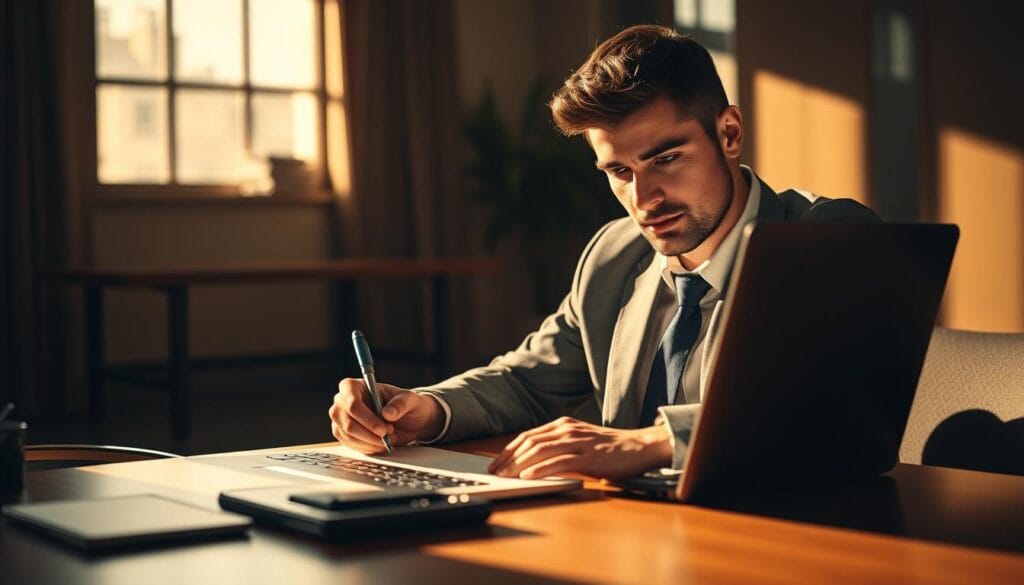 A stylized business office setting with a professional-looking person sitting at a desk, intently focused on writing a compelling commercial message on a laptop or tablet. The lighting is warm and directional, casting dramatic shadows that emphasize the concentration and intensity of the scene. The background is slightly blurred, hinting at the broader workspace or meeting area, but the main subject remains in sharp focus. The overall mood is one of purpose, professionalism, and the careful crafting of an impactful sales pitch or commercial message.