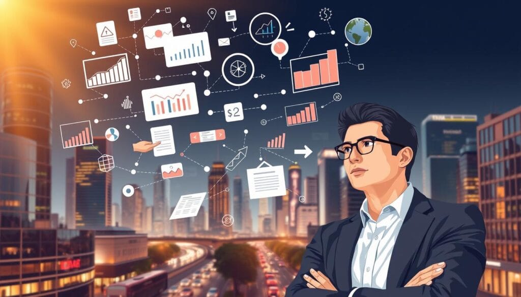 A stylized illustration depicting the objectives of commercial prospecting. A professional business executive stands in the foreground, with a focused gaze and a confident posture, surrounded by a dynamic array of data visualizations, graphs, and charts floating in the air. The middle ground features various business elements such as handshakes, negotiation documents, and sales figures, all interconnected by a web of lines and arrows. In the background, a bustling cityscape with skyscrapers and busy streets sets the scene, conveying the high-stakes, fast-paced nature of commercial prospecting. The overall composition is illuminated by a warm, golden light, creating a sense of professionalism and success. The image should evoke a clear understanding of the key objectives and strategies involved in effective commercial prospecting. A stylized illustration depicting the objectives of commercial prospecting. A professional business executive stands in the foreground, with a focused gaze and a confident posture, surrounded by a dynamic array of data visualizations, graphs, and charts floating in the air. The middle ground features various business elements such as handshakes, negotiation documents, and sales figures, all interconnected by a web of lines and arrows. In the background, a bustling cityscape with skyscrapers and busy streets sets the scene, conveying the high-stakes, fast-paced nature of commercial prospecting. The overall composition is illuminated by a warm, golden light, creating a sense of professionalism and success. The image should evoke a clear understanding of the key objectives and strategies involved in effective commercial prospecting.